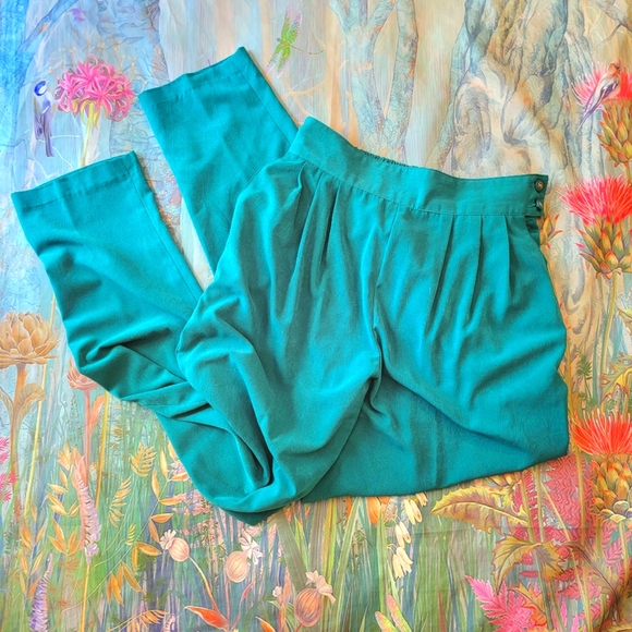 80s High-waisted Trousers Pants Tapered Leg Cyan - Picture 1 of 9